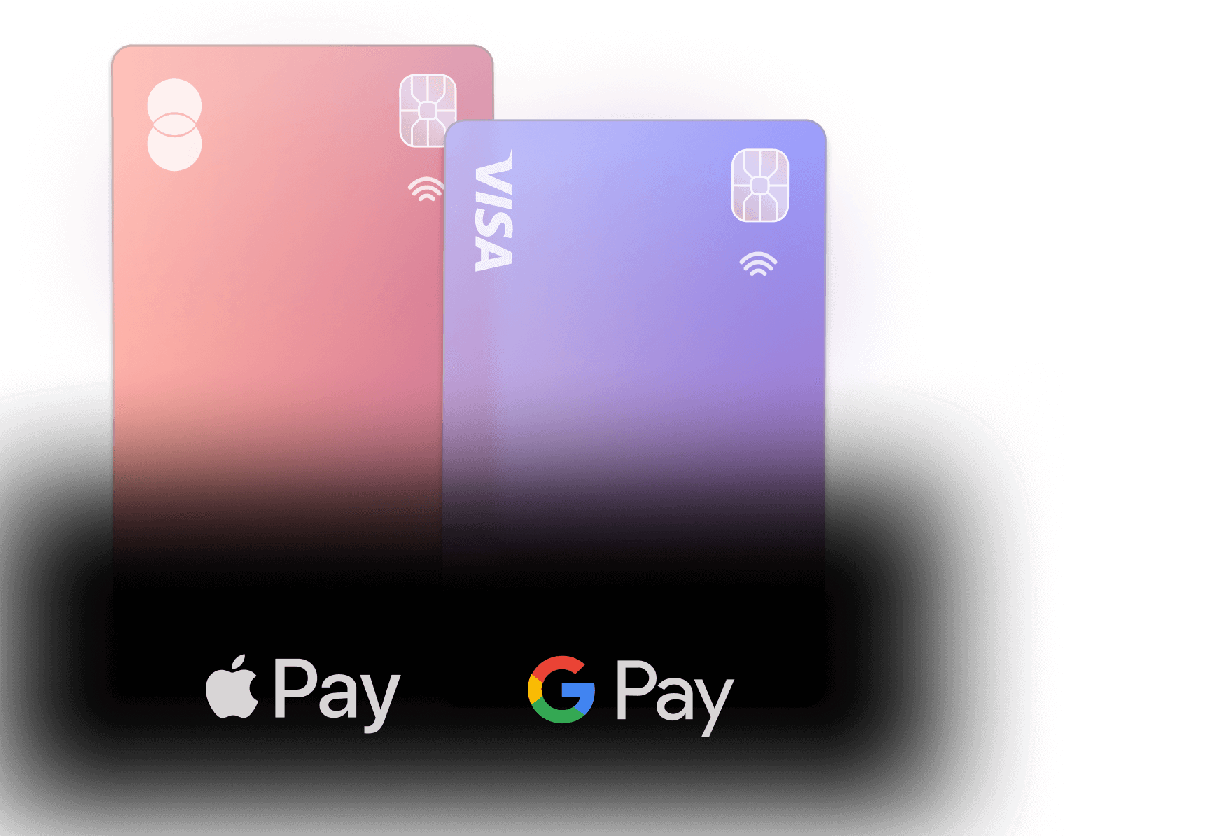 Apple Pay and Google Pay logos with Visa cards in the background showing contactless payment options